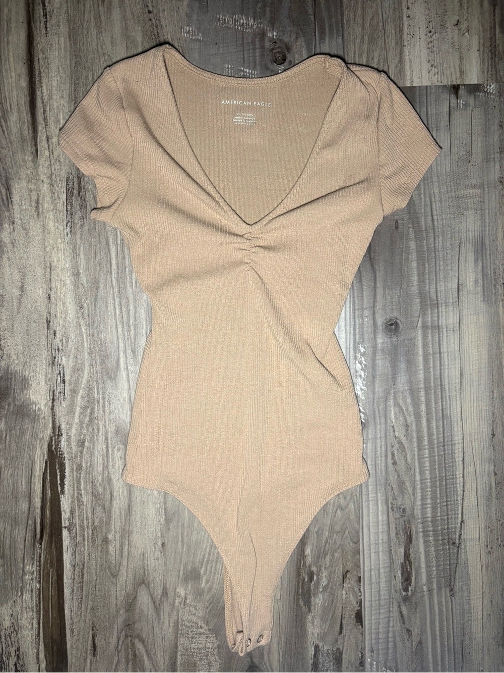 American Eagle Outfitters Tan Ribbed Short-Sleeve One-Piece Bodysuit